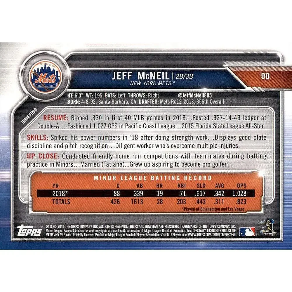 2019 Bowman Jeff McNeil RC #90 New York Mets